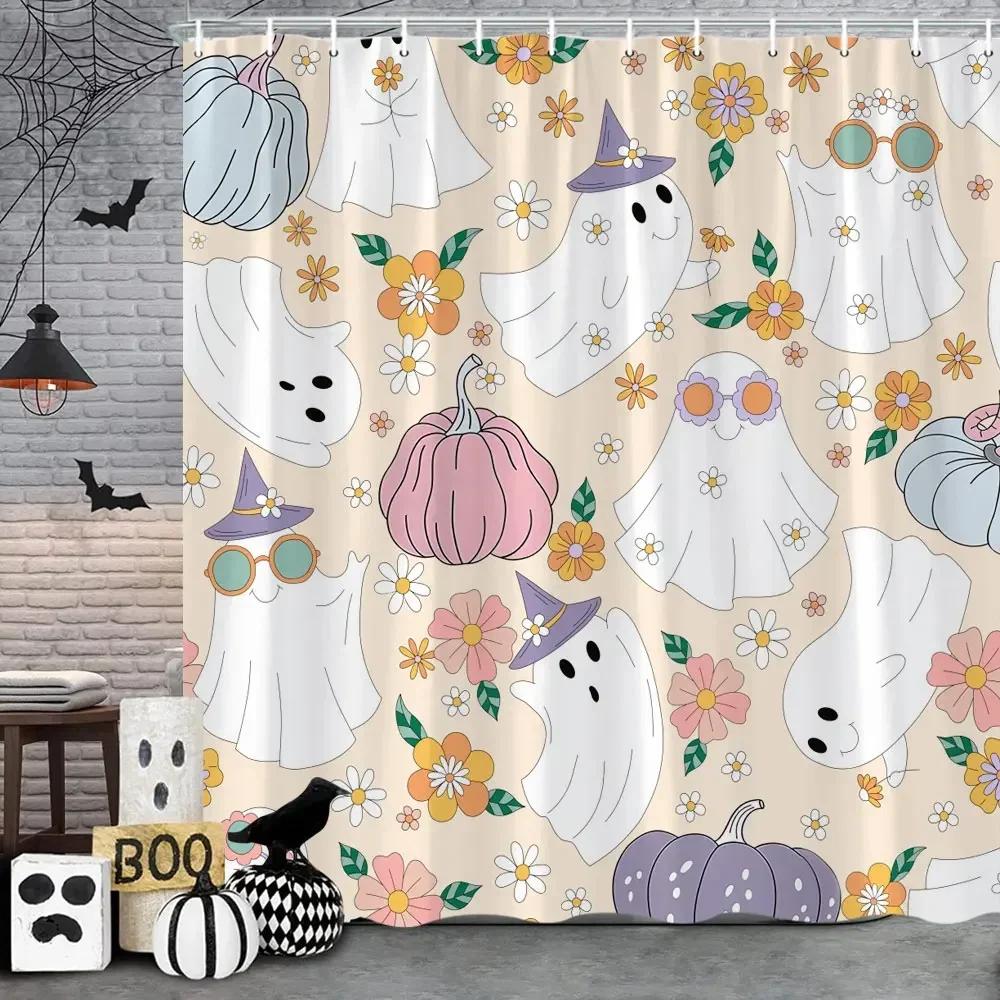 ~O~Pink Cute Halloween Shower Curtain Ghost Pumpkin Bat Skull Polyester Fabric Kids Shower Curtain Girls Bathroom Decor Strap Ho