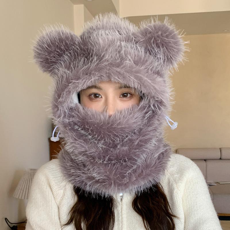Hat Women's Winter Cute Bear Ears Can Be Used As A Scarf To Prevent Cold and Warm All In One Hat Casual Versatile Plush Toe Cap