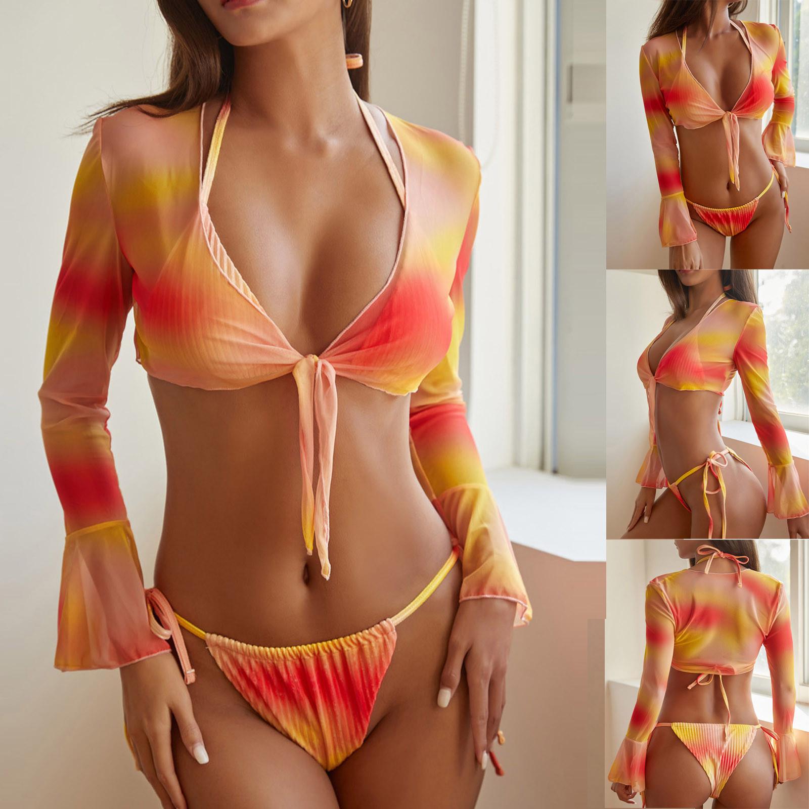 

Модные женские градиентные сексуальные темпераментные пляжные костюмы с длинными рукавами из трех частей сплит-бикини Купальники S оранжевый