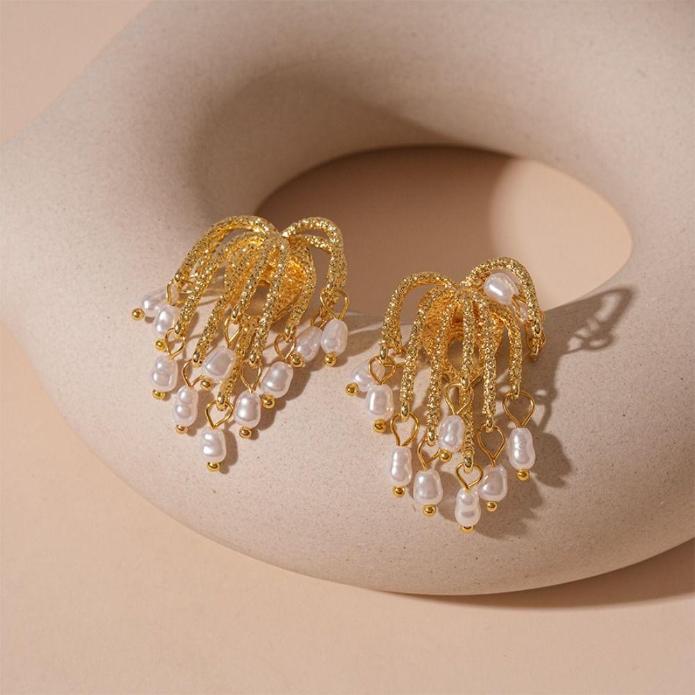 Irregular Metal Flower Earrings Vintage Exaggerated Earrings Pearl Tassel Earrings  Women
