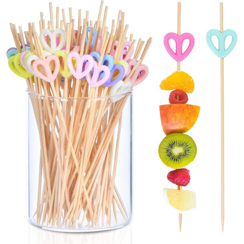 VV 100Pcs New Heart Cocktail Picks Toothpicks Skewers Bamboo Appetizer Sticks Decorations For Food Drinks Fruits Dessert
