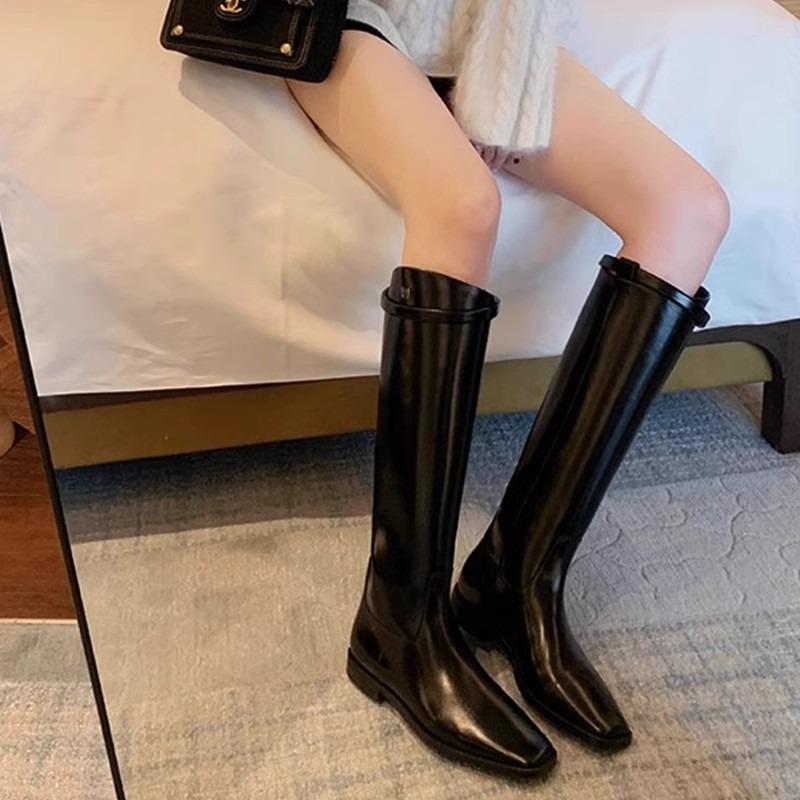 Cowhide Version! Stylish and Versatile New Square Head Leather Diagonal Ring Belt Thick Heel High Knight Boots Long Boots Women's Autumn