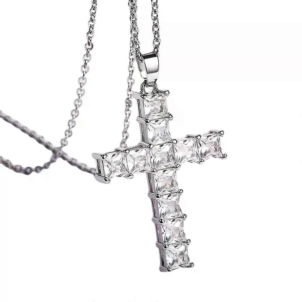 Shiny Square Zircon Cross Pendant Necklaces for Women Fashion Hip Hop Punk Rhinestone Chain Collar Party Jewelry