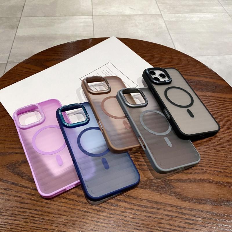 Matte Transparent With Metal Lens Ring Case For iPhone 16 15 14 Plus 13 12 11 Pro Max Stripe Magnetic Wireless Charging Cover