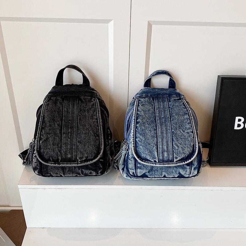 Washed denim backpack women go out small backpack