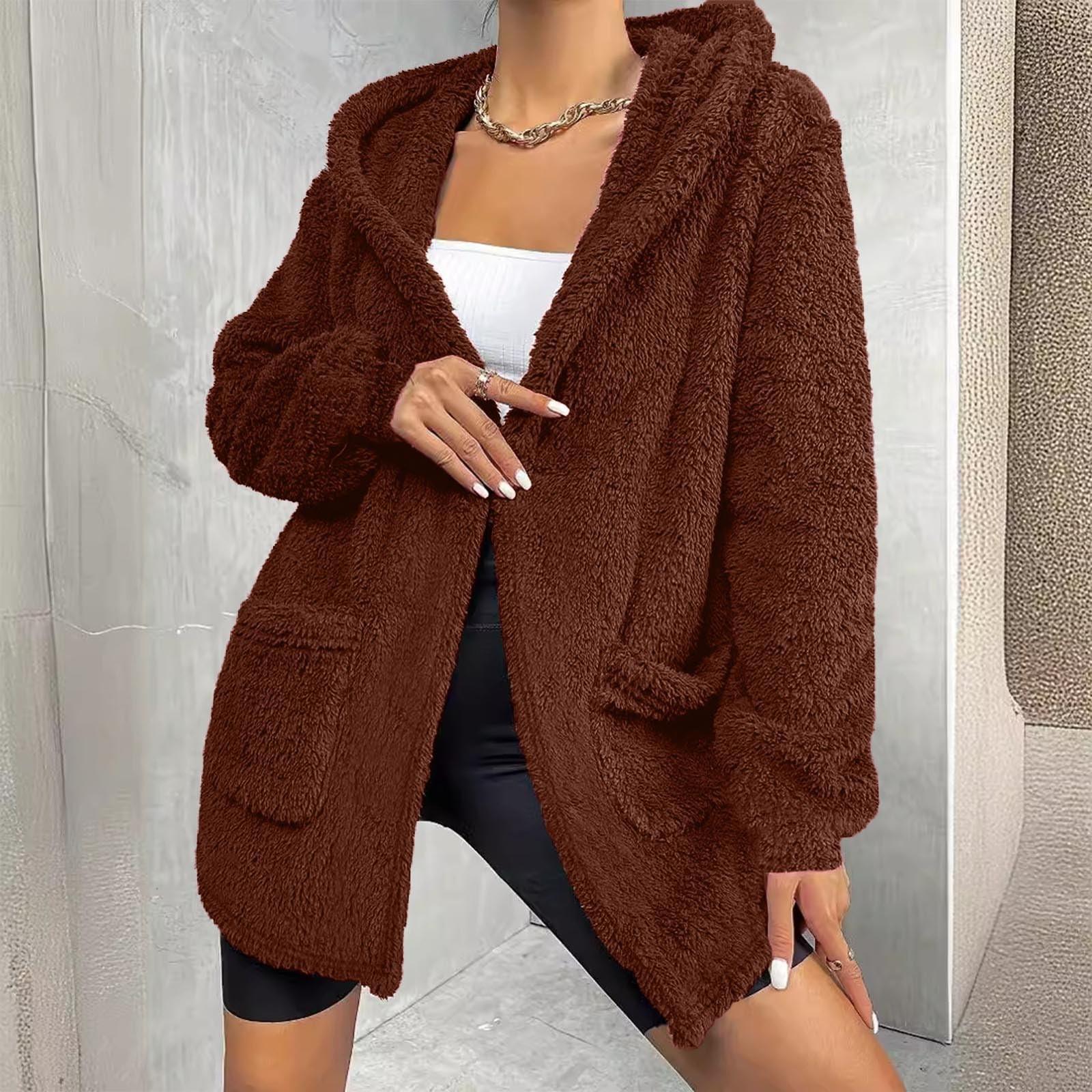 

Women s Fashionable Solid Color Coat Long Sleeved Loose Hooded Plush Cardigan Jacket XXL коричневый