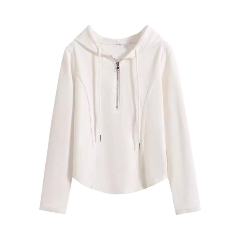 Hooded Long-sleeved T-shirt for Women's Spring and Autumn Thin Sweatshirt Underwear, New White Short Fish Bone Top
