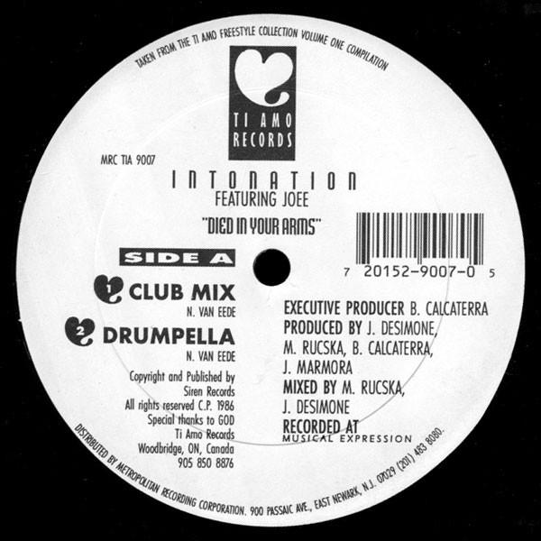 

12inch Record INTONATION 2 JOE Died In Your Arms MRCTIA9007 Ti Amo Records 1995 US Dance Electronica Used