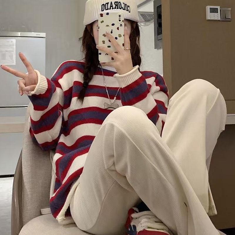 2026 New Academy Style Red Wool Stripe Women's Sweater - Age-Reducing, Warm for Autumn/Winter