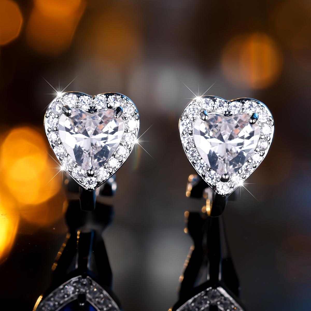 

1 пара серебристого цвета, серьги-клипсы с белым камнем в форме сердца, клипсы для ушей, свадебные украшения, подарки белый