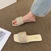 Flat bottom one-word drag 2025 summer new square head rhinestone slippers women's large size foreign trade women's shoes
