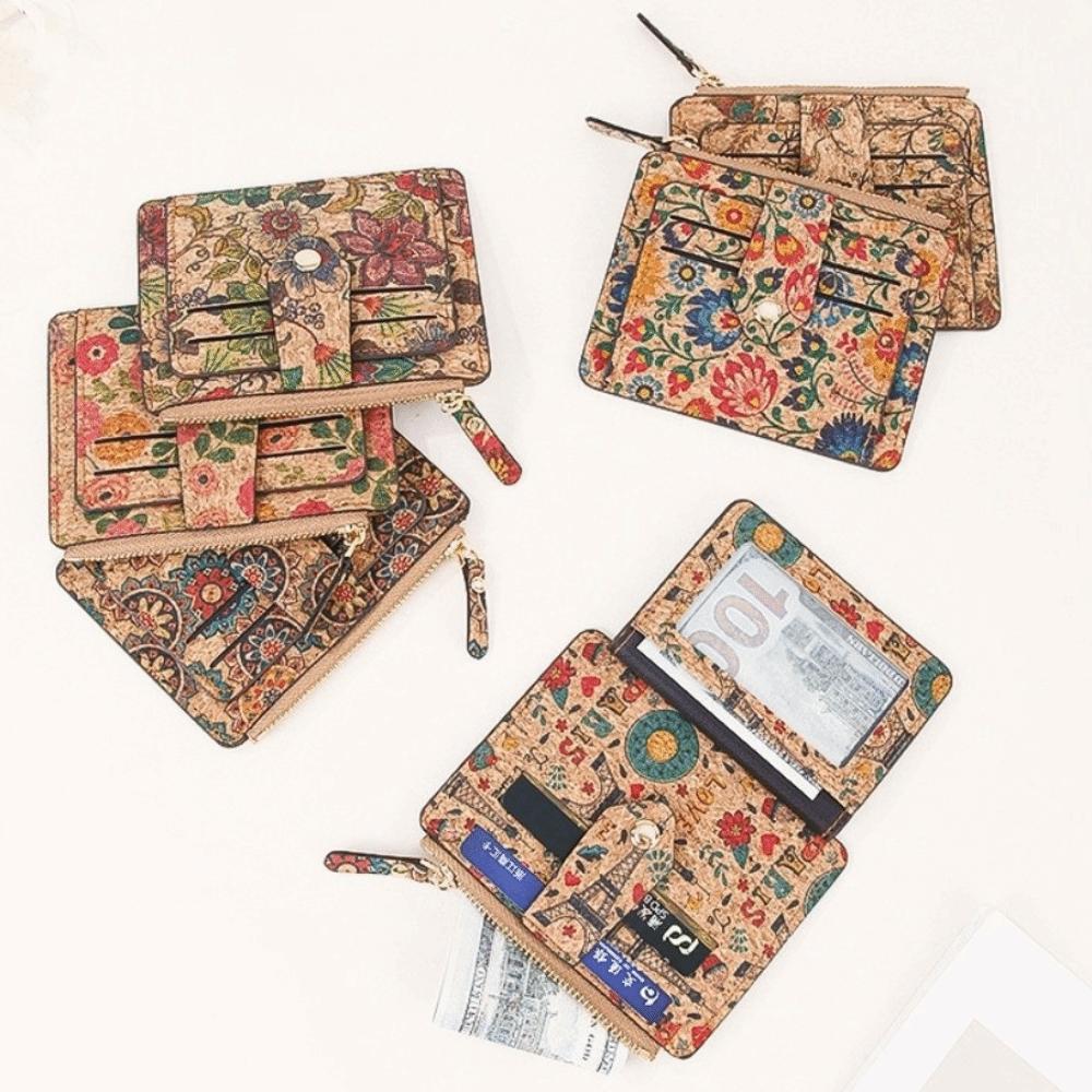 Retro Ethnic Style Coin Purse Multi-slot Cork Wood Credit Card Holder Portable Ultra-thin Zipper Small Wallet