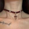Mädchenstil Weinrot Leder Kreuz Choker Schlüsselbein Kette Aufhellendes Halskette