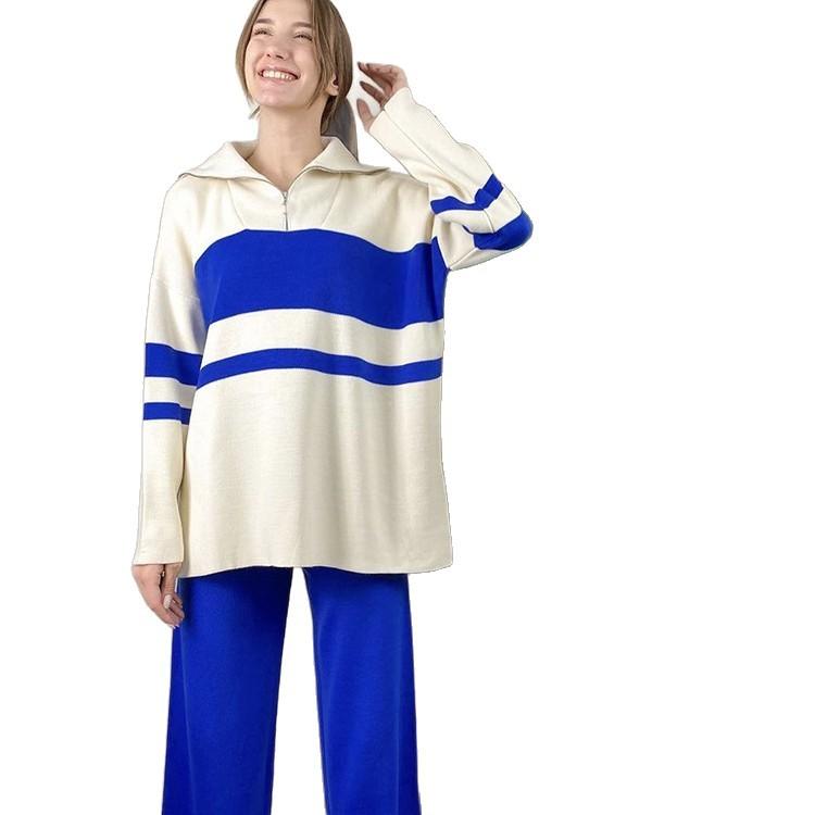 Women's Oversized Sweater Set Striped Zip-Up Top Wide Leg Pants Casual 2 Piece Outfit