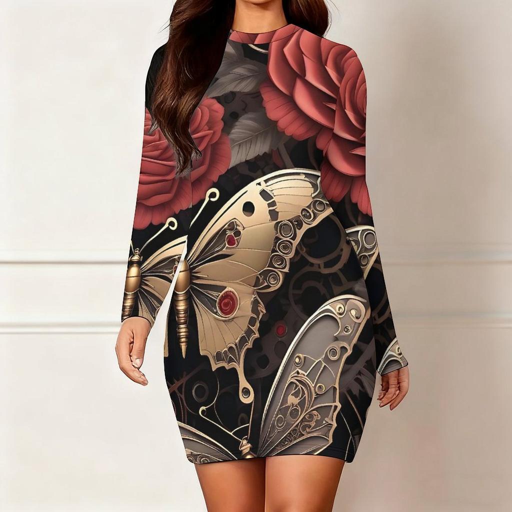 2025 Outono e Inverno Novo Estampa Floral 3D e Tingimento Moda Feminina Manga Longa Gola Redonda Vestido Envolvente de Quadril Dia dos Namorados Limitado