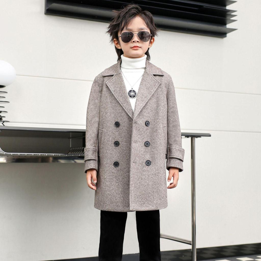 Boys' Mid-Length Wool Trench Coat - Stylish and Warm Korean-Style Overcoat for Autumn and Winter