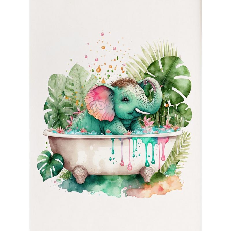 Watercolor Bathroom Tropical Animals Deer Hippo Penguin In Tub Poster Canvas Painting Wall Art Pictures Home Toilet Decor