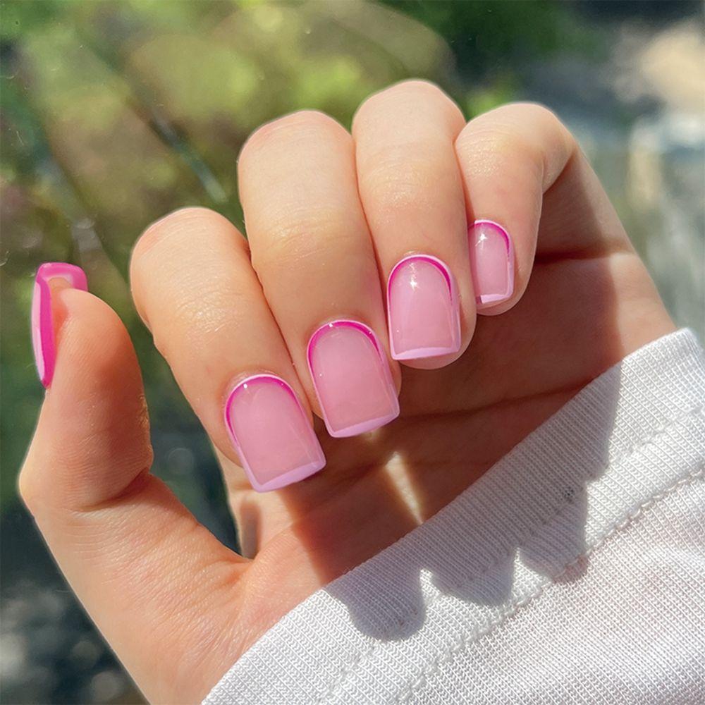 Shiny Pink with Pearl Luster False Nails Short Square Fake Nials Full Cover Press on Nails DIY Detachable Crystal Nail Tips