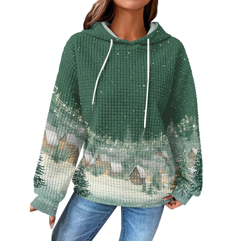 Dammode Lös Pullover med Huva Långärmad Rutig Sweatshirt med Dragsko, Nedhasad Axel, Ficka, Jultryck Topp