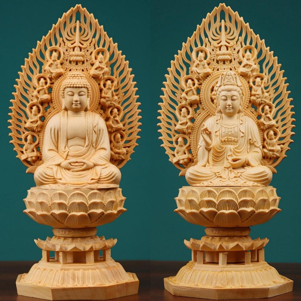 Lunari Buddha Statue, Shakyamuni Buddha, Kannon Bodhisattva, Flying Celestial Being Halo, Eight-Panel Base, Wood Carving, Seated Statue, Buddhist