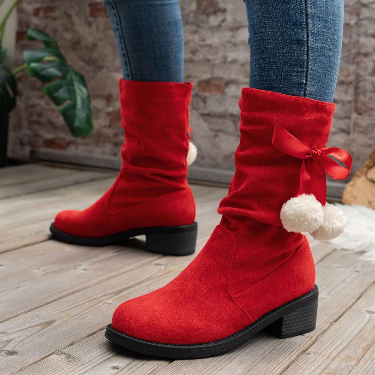 

Празднуйте Зимние Женские Пушистые Ботинки с Декором в Виде Бантика и Шарика, Слипоны, Повседневные, на Массивном Каблуке, Красная Замша, Ботильоны до Середины Икры, Рождественские 35