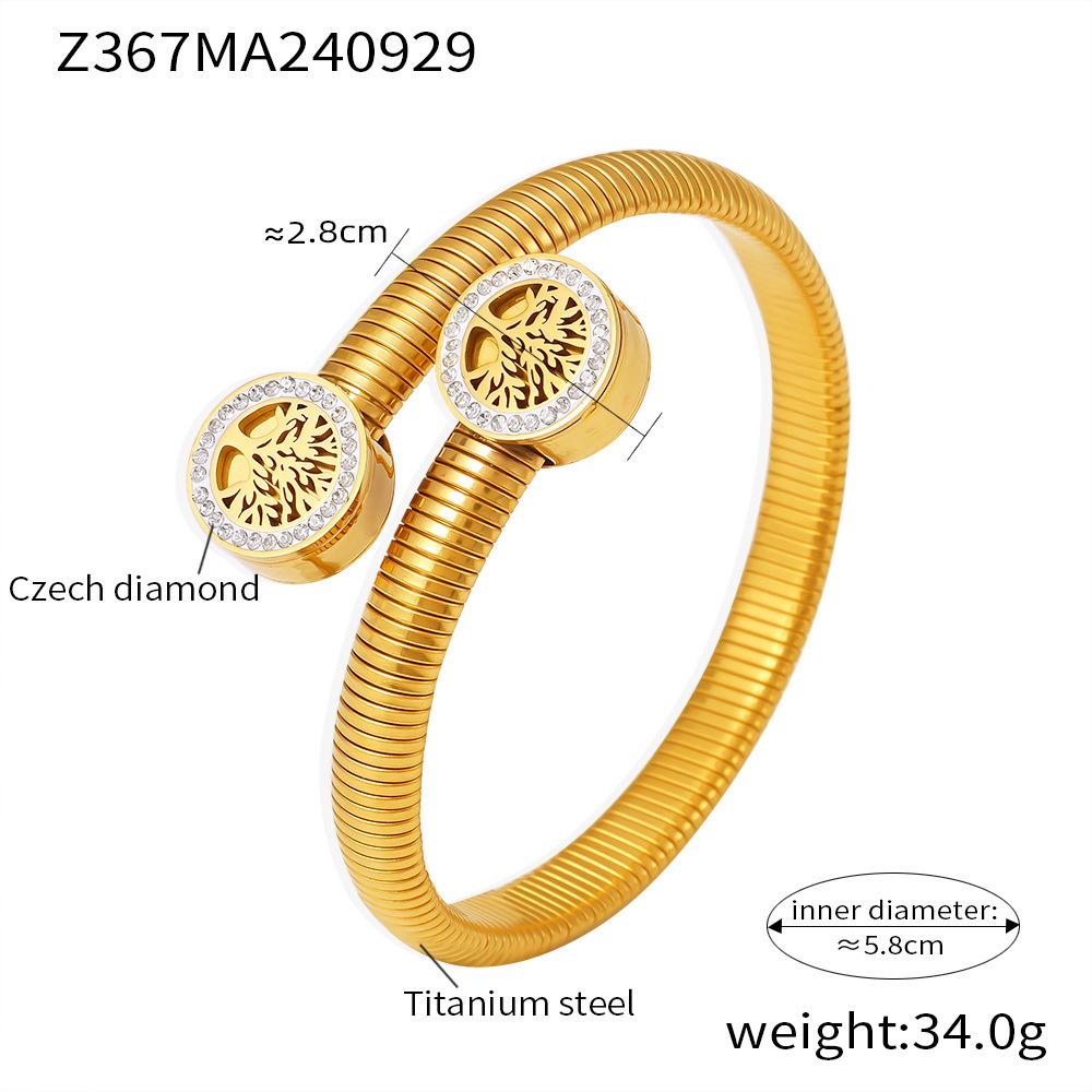 18k Gold Plated Life Tree Rhinestone Open-end Bracelet, European  American Design, Titanium Steel