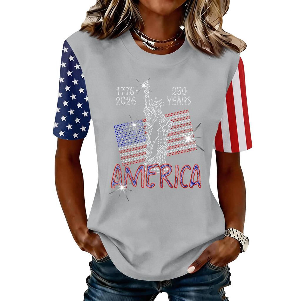 Blusa Feminina da Moda Casual de Manga Curta com Estampa e Gola Redonda