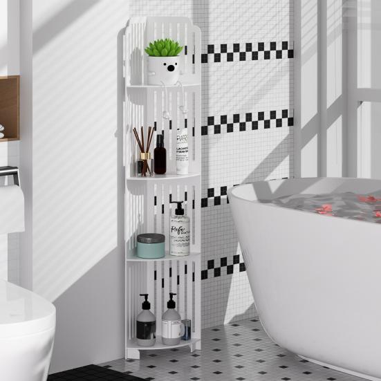 Badkamer Opbergkast 4-Laags Kast, Kleine PVC Hoek Staande Plank, Smal met Hol Ontwerp Plank