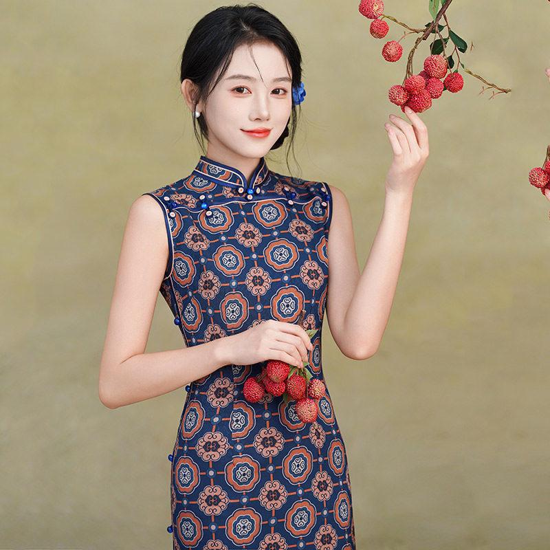 Blau ärmellos nationaler Stil neu Chinesisch Suzhou langer Cheongsam verbessert jung 1011 neu Damen High Sense Sommer