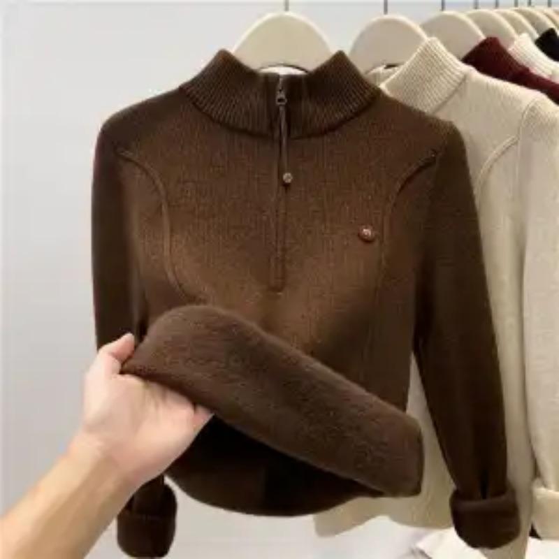 Jednodílný sametový zahuštěný svetr Dámský podzim zima Polozapínací límec Zip Pletené spodní tričko Slim top