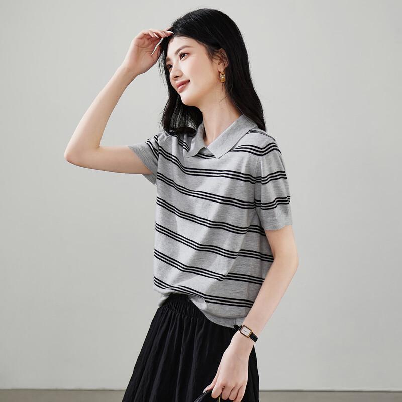 SOFSIL Women s Striped Lapel Short Sleeve Knit Top L