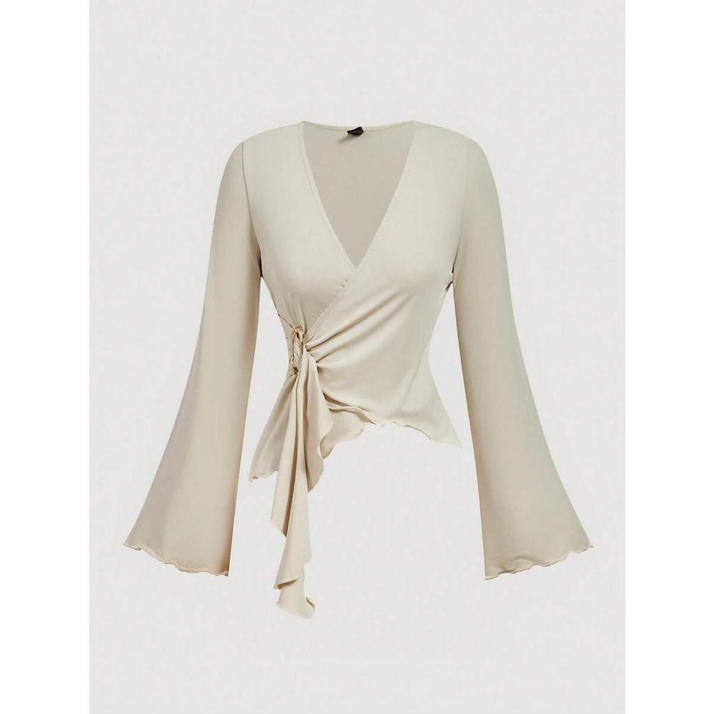 Women's Sexy V-neck Irregular Long-sleeve T-shirt - Solid Color, Autumn Collection