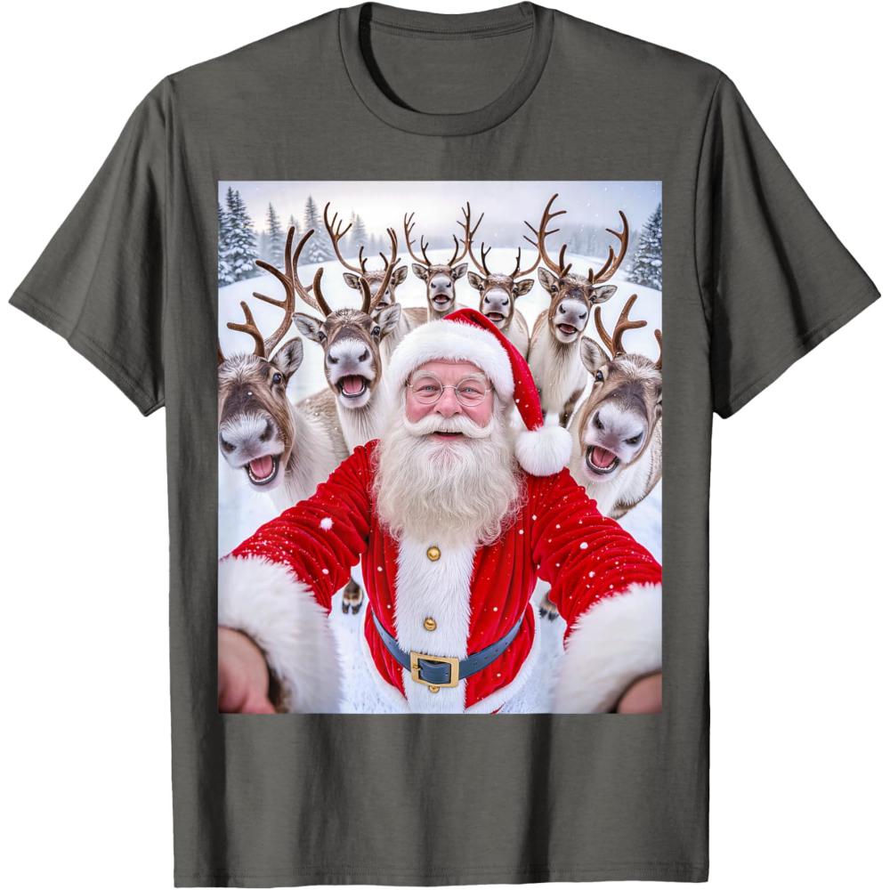 Funny Santa Claus Christmas Reindeer Selfie Xmas Snow TShirt Women Unisex Merry Christmas Graphic T Shirts Oneck Cotton Tops Tee