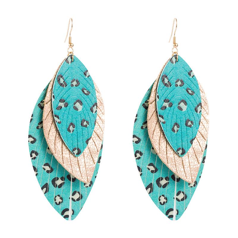 Women Leopard Print Drop Earrings Titanium Steel Leaf Shape Multi-layer PU Leather Bohemia Ear Ornaments