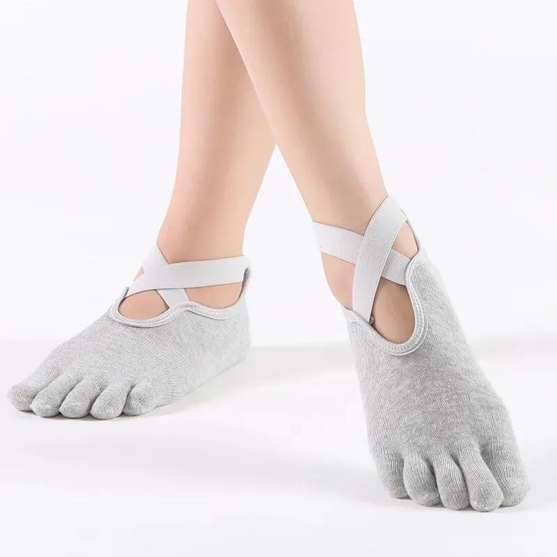 Women Breathable Yoga Socks Five Toe Silicone Non-Slip Bandage Pilates Socks Ladies Ballet Dance Fitness Workout Cotton Socks