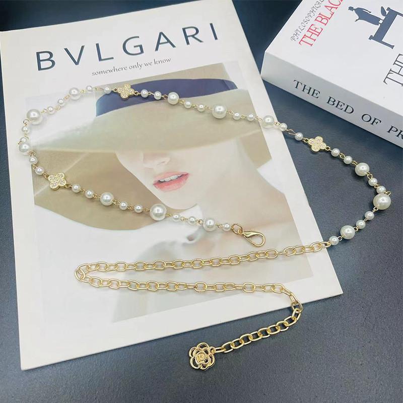 

Pearl Waist Chain For Women With Water Drilled Four Leaf Clover Pendant Summer Fashion Accessory LargePearlClover