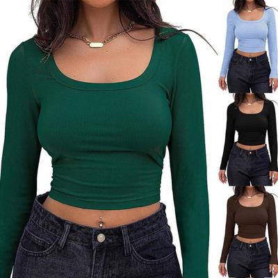 Women's Threaded Slim Fit Long Sleeve Square Neck T-shirt for Women S-XL Belly Button Top