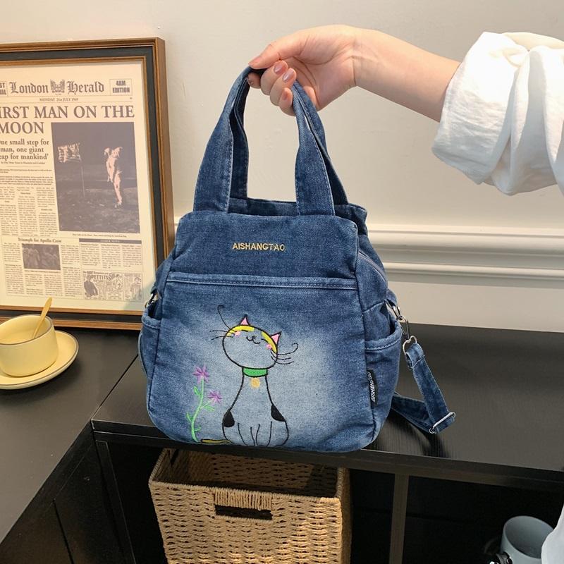 Embroidered Denim Bag Women's Shoulder Bag Cartoon Printed Crossbody Bag