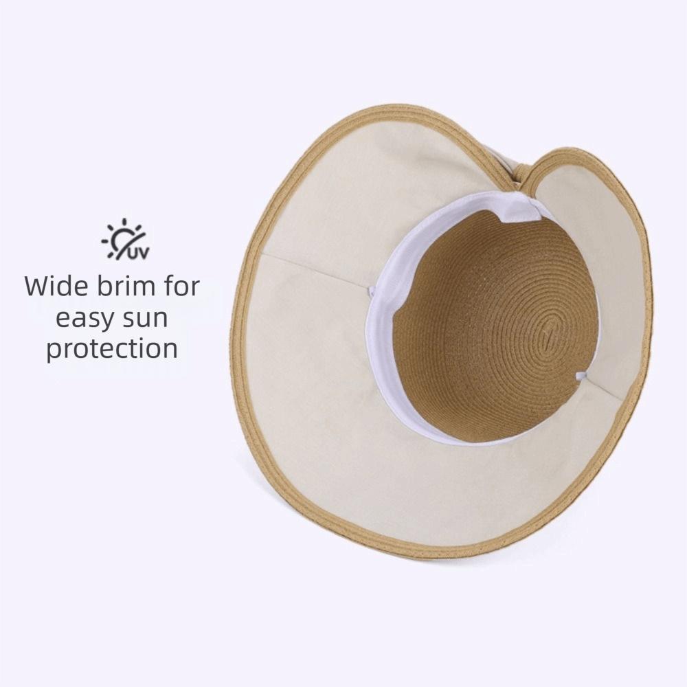 Weave Women Sun Hat Large Bow Sunscreen Bucket Hat Portable Straw Hat  Travel
