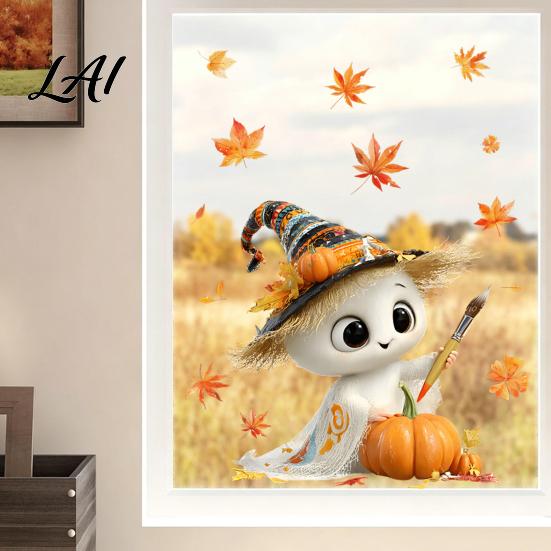 Cute Ghost Pumpkin Decals Autumn Ghost/Gnome Static Glass Sticker PVC Waterproof Maple Leaves Window Removable Party Supplies Decal Cling