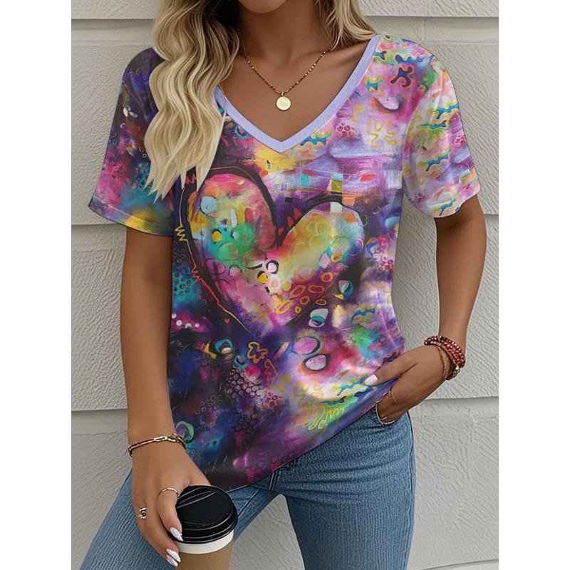 Sommer Liebe Herz 3D Druck T-Shirt Damen Streetwear Lässige T-Shirts Y2k Oberteile Frau Harajuku V-Ausschnitt T-Shirts Übergroße Kleidung