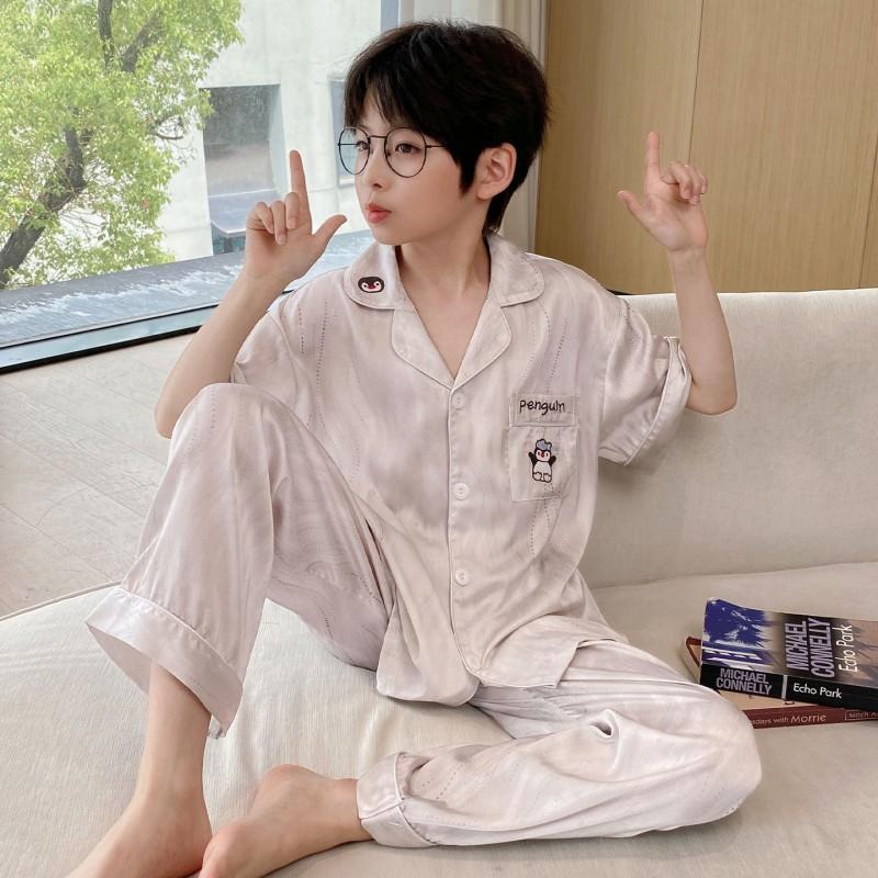Boys Ice Silk Pajama Set 3-Piece Short Sleeve Cartoon Home Wear Kids Ages 8