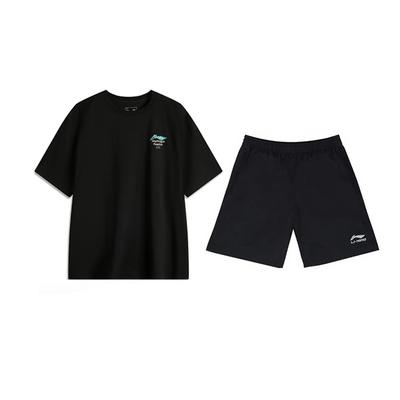 Li Ning Logo Estampado Moda Amigável à Pele Confortável Pulôver de Gola Redonda Camiseta de Manga Curta Conjunto Esportivo Casual Tops Unissex Preto AHSU651-2+YKSV147-2