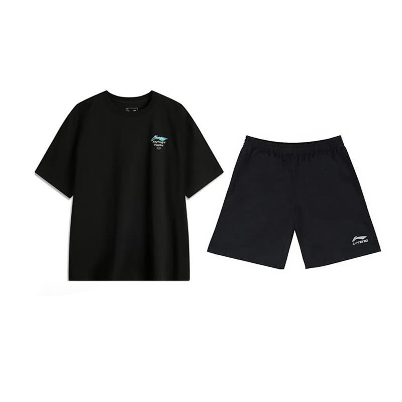 Li Ning Logo Print Fashion Skin-Friendly Comfortable Round Neck Pullover Short Sleeve T-Shirt Casual Sports Set Unisex Tops Black AHSU651-2+YKSV147-2