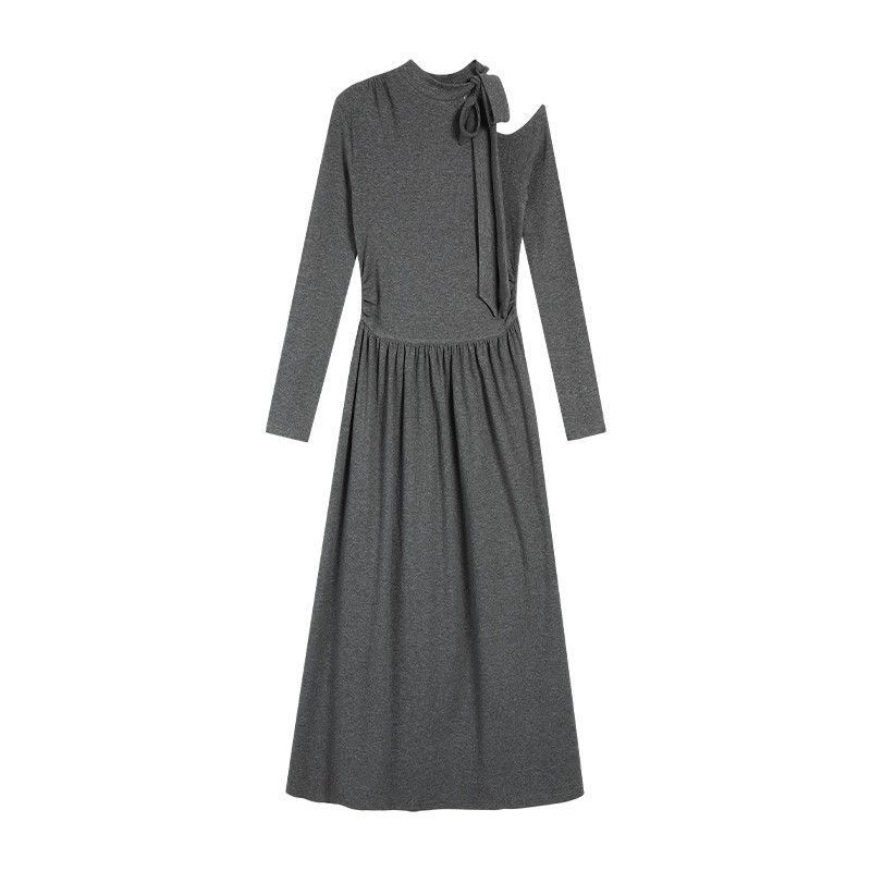 

Black long-sleeved spring dress women s new semi-turtleneck waist slim-fitting inner lining temperament medium and long dress S темно-серого