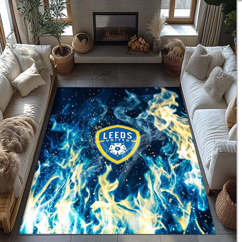 Leeds United Football Print Crystal Velvet Rug, Comfortable Water Absorbent Non Slip Indoor Floor Carpet
