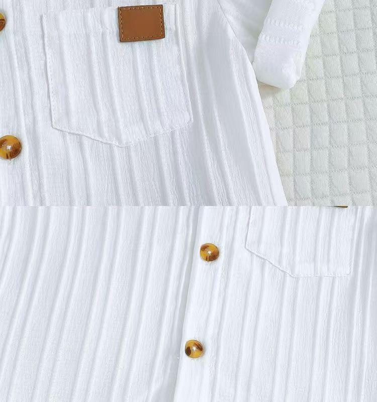 Boys' White Stripe Short-Sleeve Shirt & Khaki Shorts Set (2025 Spring/Summer Collection)
