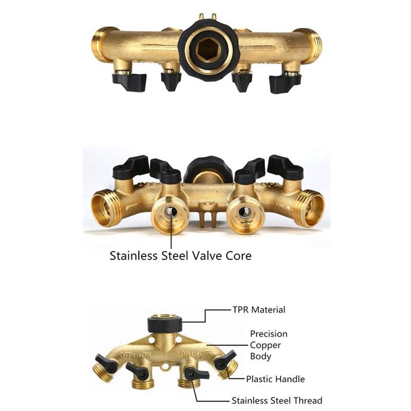 Four-Way Copper Water Faucet Splitter with High-Pressure-Resistant Rubber Coating.