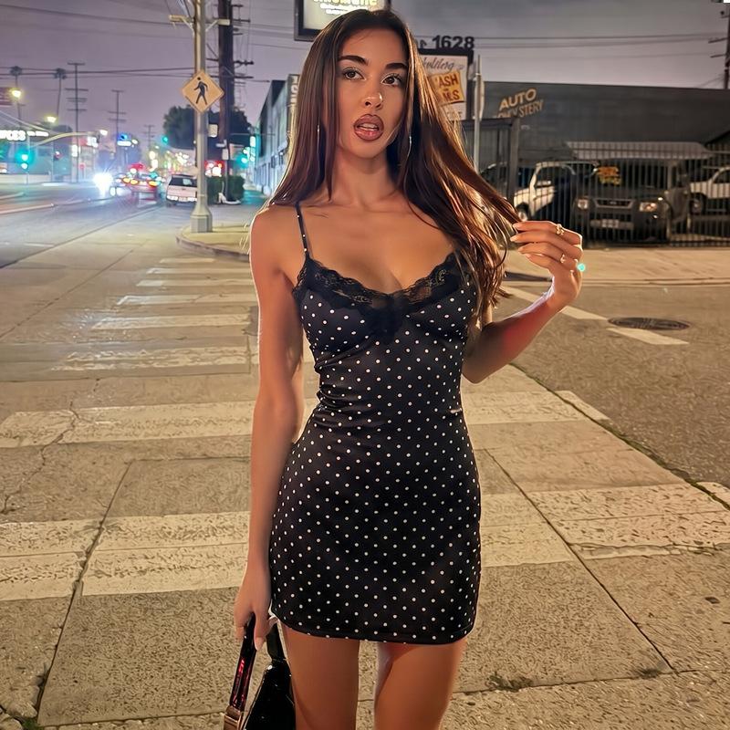 Summer new European and American women s clothing sexy lace polka dot sleeveless backless suspender dress women XS
