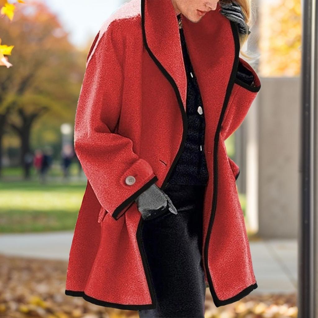 Stylish Fall and Winter Multi-color Crew Neck Loose Hooded Woolen Coat Color Matching Hemming Women's Coat
